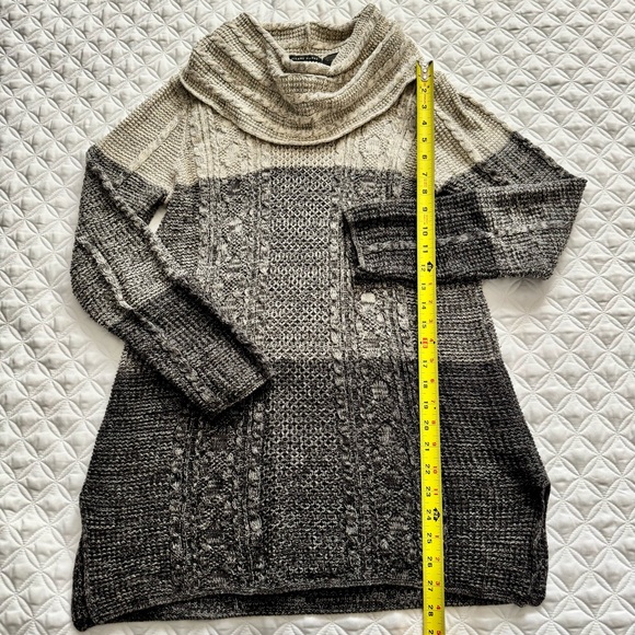 JEANNE PIERRE Beige Gray Black Stripe Cotton Cable Knit Cowl Tunic Sweater Sz M - Picture 4 of 13